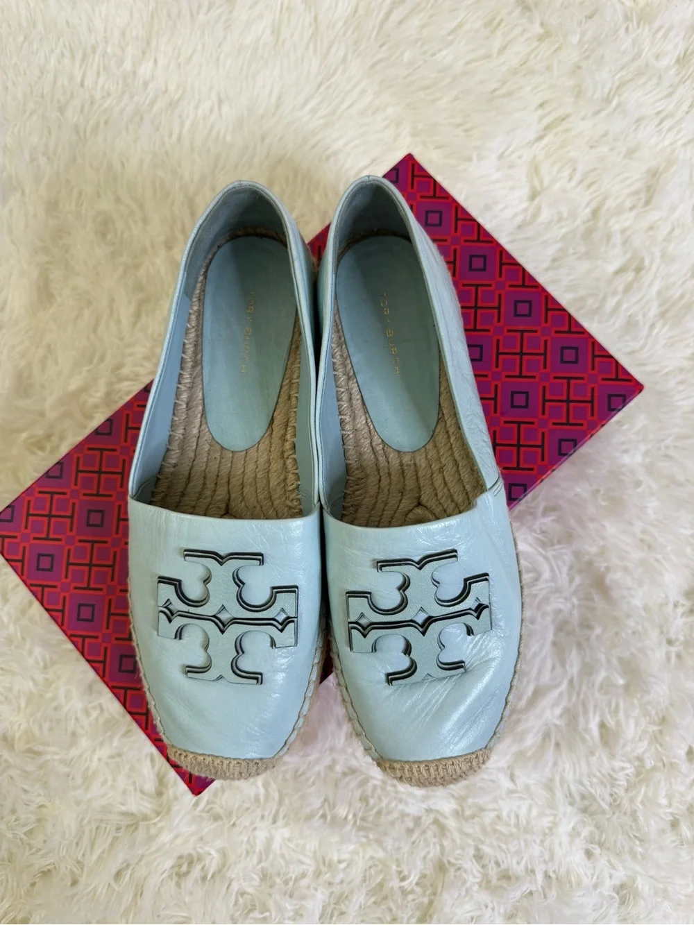 Tory Burch Pale Blue Leather Logo Espadrille Flats